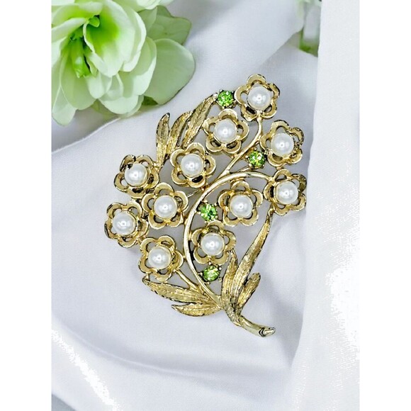 Mamselle Flower Bouquet Brooch Faux Pearl Green Jewel Floral Estate Jewelry Pin - Picture 1 of 12